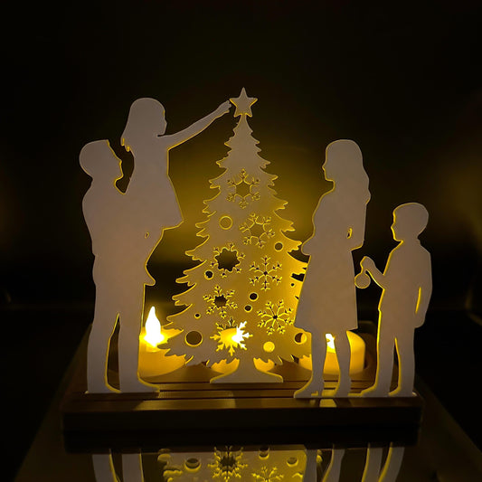 Family Christmas Tree Tea Light Scene | Holiday Mantel Decoration with LED Lights