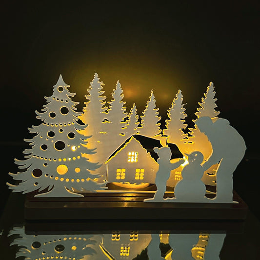 Winter Cabin Tea Light Scene | Snowman, LED Lights Christmas Decor