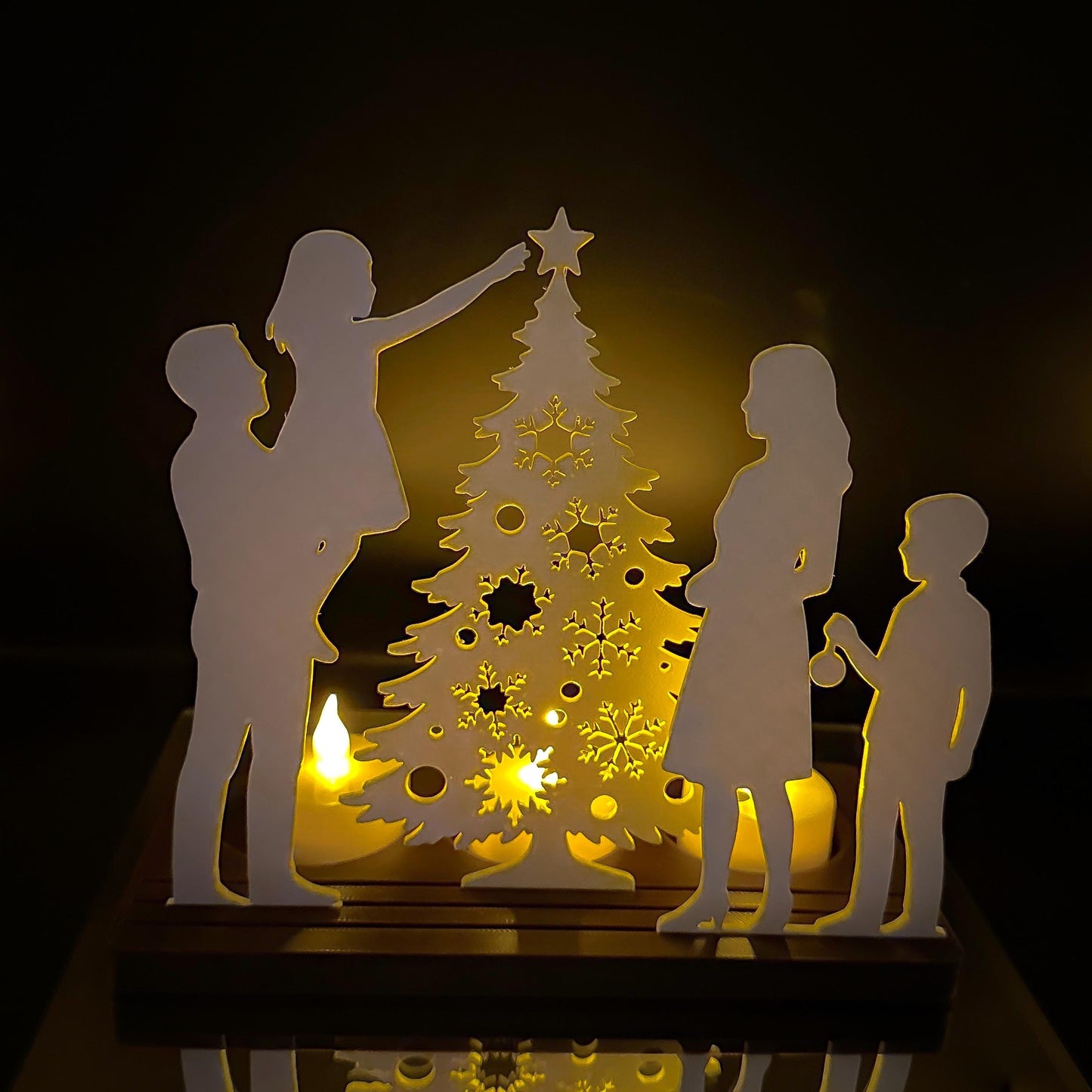 Family Christmas Tree Tea Light Scene | Holiday Mantel Decoration with LED Lights