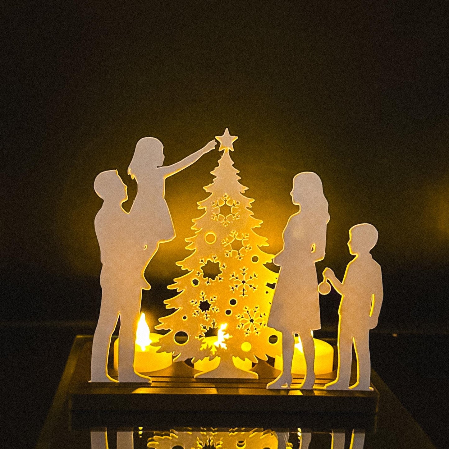 Family Christmas Tree Tea Light Scene | Holiday Mantel Decoration with LED Lights