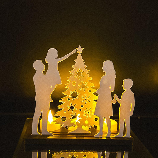 Family Christmas Tree Tea Light Scene | Holiday Mantel Decoration with LED Lights