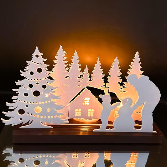 Winter Cabin Tea Light Scene | Snowman, LED Lights Christmas Decor